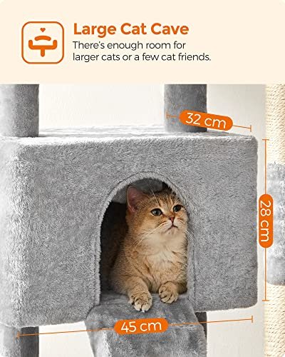 FEANDREA kradsetr, 6 niveauer, 2 platforme, 1 kurv, 1 hule, 2 pomponer - lysegr plys