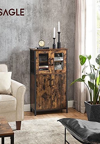 VASAGLE skab, m. 2 glaslger, 2 trlger, hylder, gitterdesign - rustik brun spnplade og sort stl