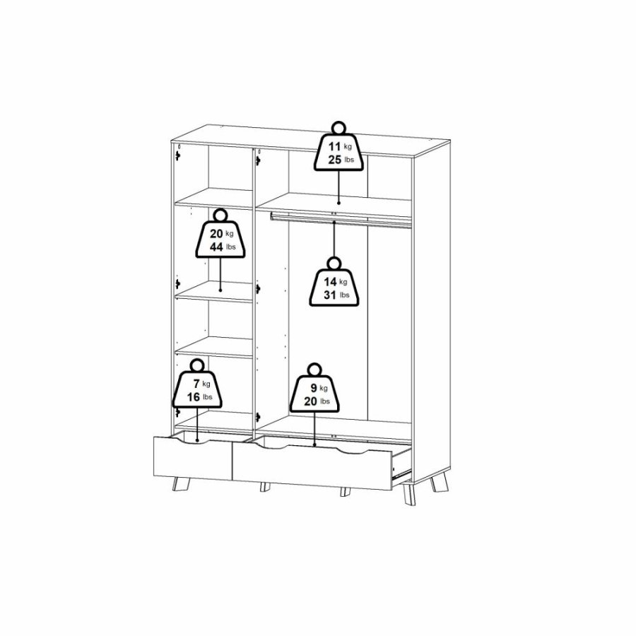 TVILUM Ikast Garderobeskab med 2 dre + 1 spejldr + 2 skuffer, Jackson Hickory/Hvid, 147,2 x 58,1 x 201 cm