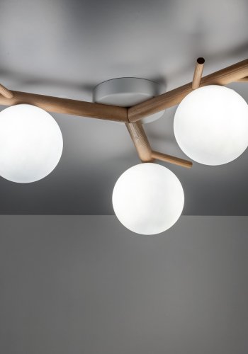 TK Sheron loftlampe, m. 3 skrme - opal glas og natur tr