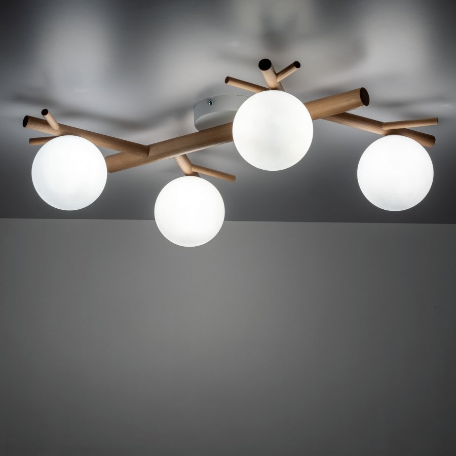 TK Sheron loftlampe, m. 4 skrme - opal glas og natur tr