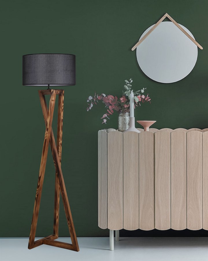 LUMI gulvlampe - sort stof og brun grantr