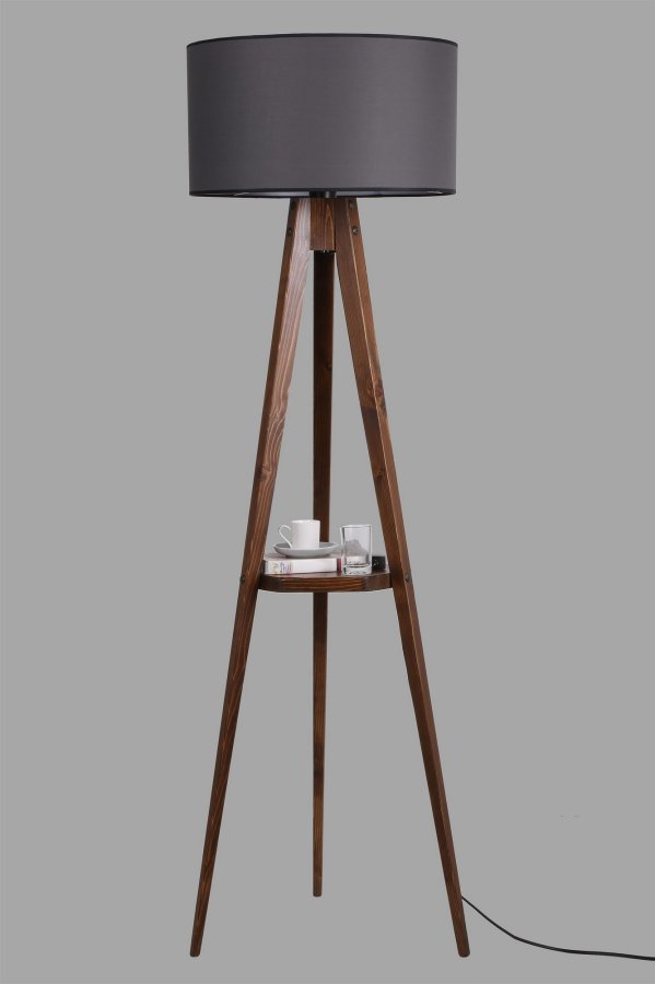 LUMI Sehbal gulvlampe, m. hylde - gr stof og valnddefarvet tr