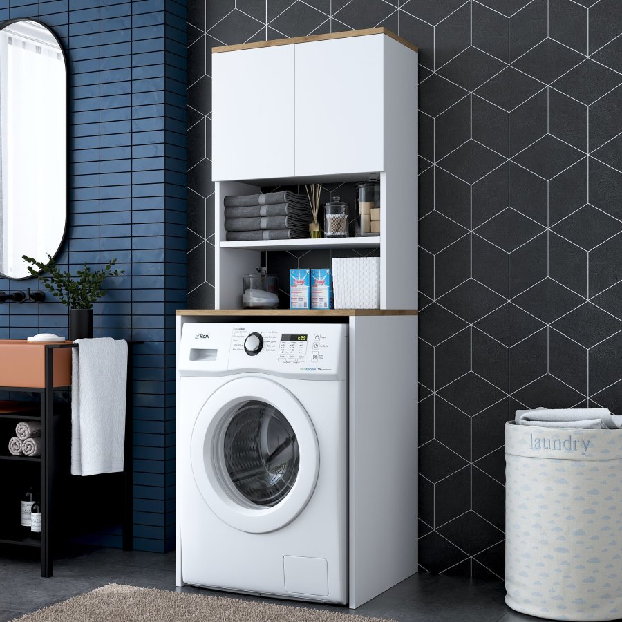 FUNZI LIVING KD101 vaskemaskineskab, m. 2 lger og 1 hylde, rektangulr - valnd og hvid melamin (65x60)