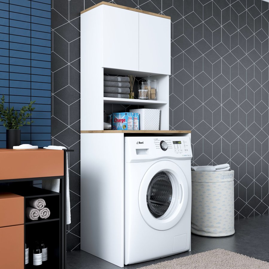 FUNZI LIVING KD101 vaskemaskineskab, m. 2 lger og 1 hylde, rektangulr - valnd og hvid melamin (65x60)