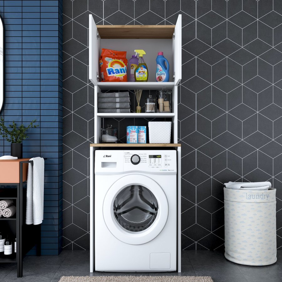 FUNZI LIVING KD101 vaskemaskineskab, m. 2 lger og 1 hylde, rektangulr - valnd og hvid melamin (65x60)