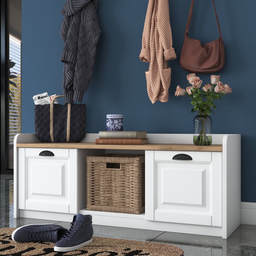 FUNZI LIVING P2 entrést, m. hattehylde og skab - hvid og valndfarvet melamin