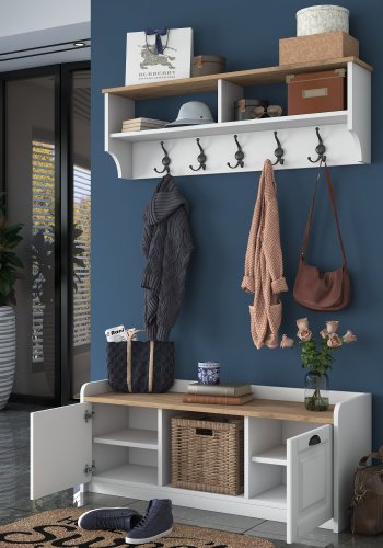 FUNZI LIVING P2 entrést, m. hattehylde og skab - hvid og valndfarvet melamin