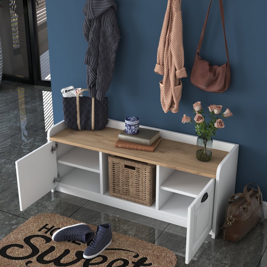 FUNZI LIVING P2 entrést, m. hattehylde og skab - hvid og valndfarvet melamin