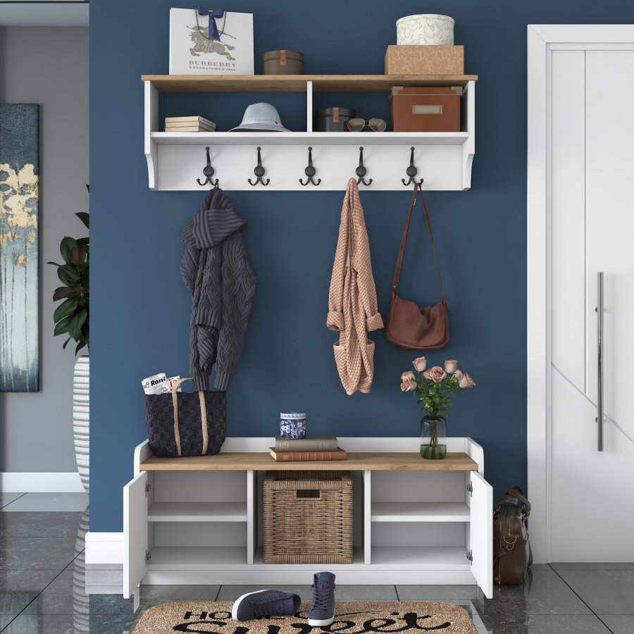 FUNZI LIVING P2 entrést, m. hattehylde og skab - hvid og valndfarvet melamin