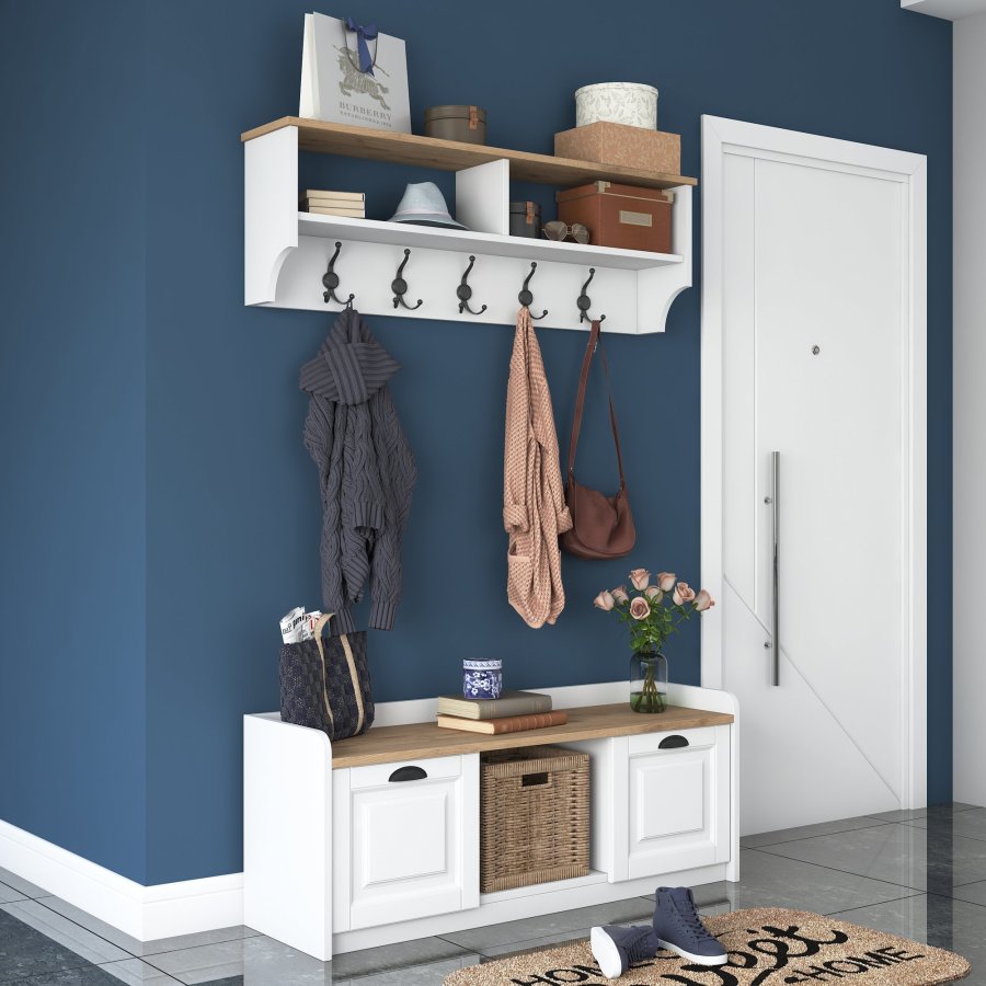 FUNZI LIVING P2 entrést, m. hattehylde og skab - hvid og valndfarvet melamin