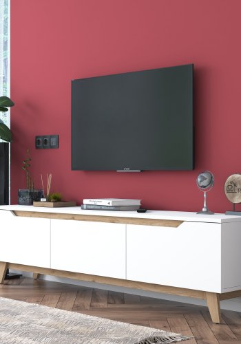 NORDVÄRK D1 TV-bord, m. 3 lger - hvid og valnd melamin (180x35)