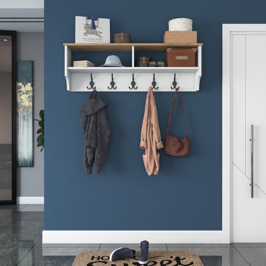 FUNZI LIVING P2 hattehylde, m. 5 metal knager - hvid og brun melamin