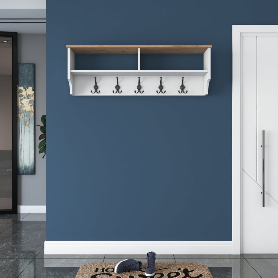 FUNZI LIVING P2 hattehylde, m. 5 metal knager - hvid og brun melamin