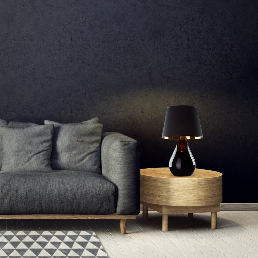 TK Lacrima bordlampe - guld, sort stof og sort glas 