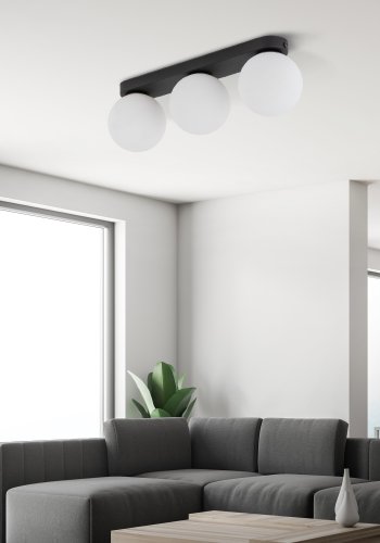 TK Mini loftlampe, m. 3 skrme - hvid glas og sort metal