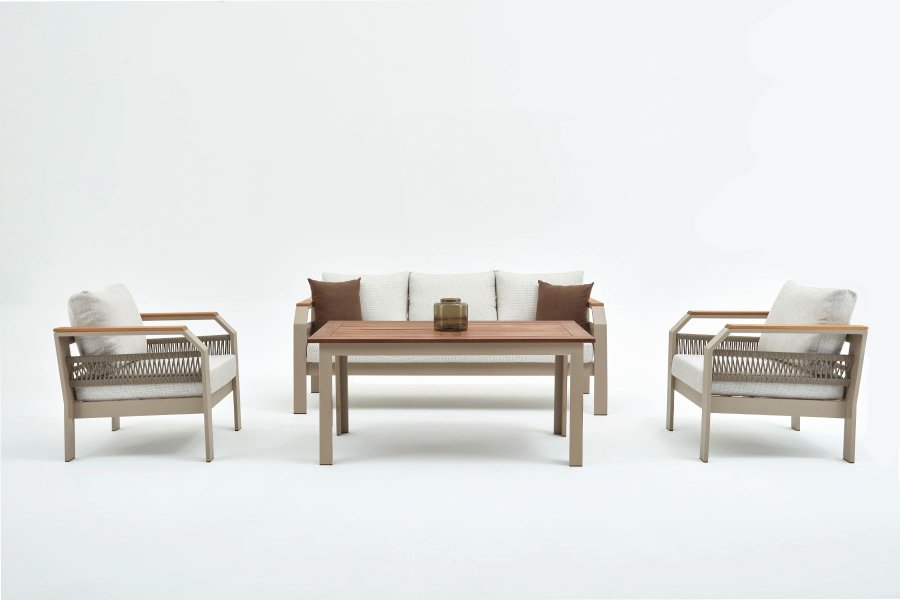 NORDVÄRK Morento udendrs loungest, m. 2 stole, 1 sofa, 1 bord, beige hynder - beige aluminium