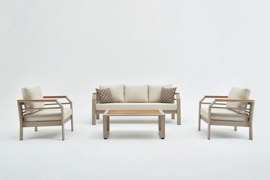 NORDVÄRK Assento udendrs loungest, m. 2 stole, 1 sofa, 1 bord, beige hynder - beige aluminium