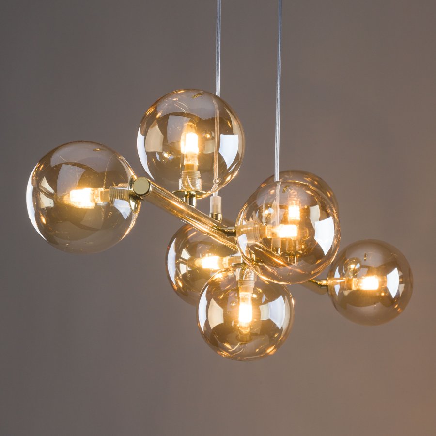 TK Estera loftlampe, m. 7 skrme - guld glas og metal