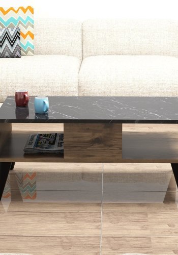 NORDVÄRK Lidya sofabord, m. bent rum - valnd og marmorlook melamin (90x54)
