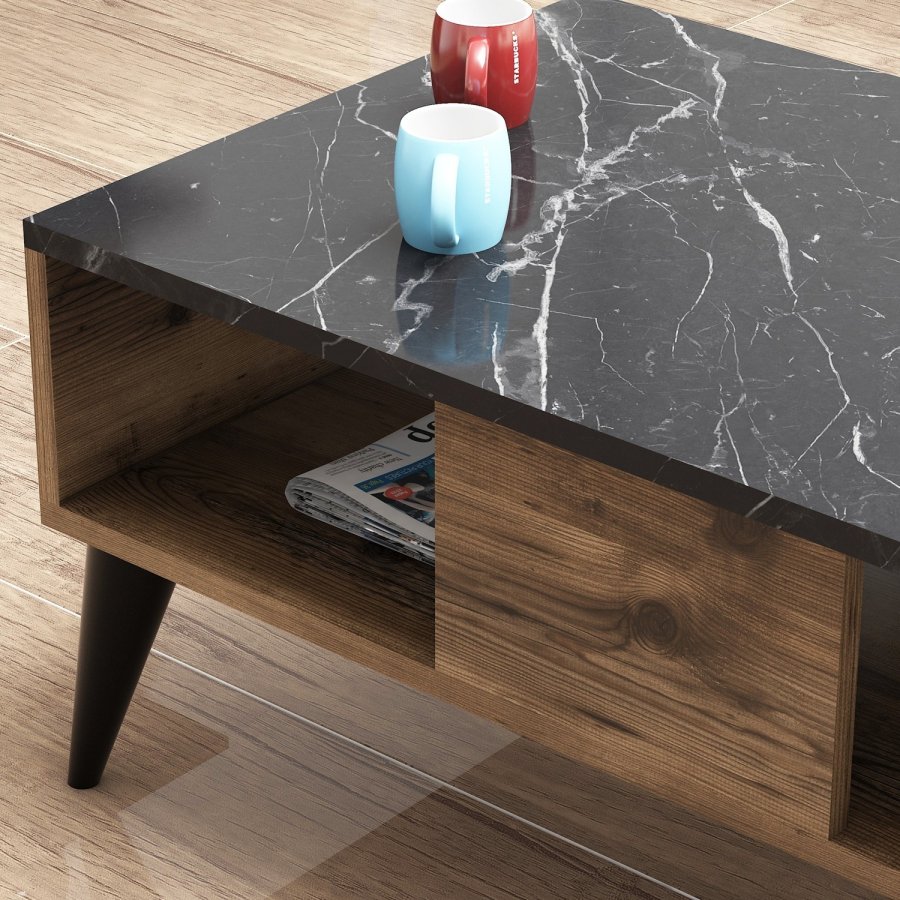 NORDVÄRK Lidya sofabord, m. bent rum - valnd og marmorlook melamin (90x54)