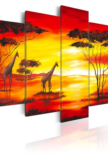 ARTGEIST - Giraffer p savannen i rd/orange solnedgang trykt p lrred - Flere strrelser