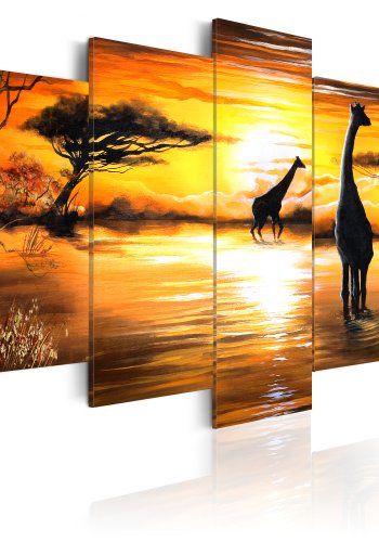 ARTGEIST - Giraffer ved vandhul i solnedgangen trykt p lrred - Flere strrelser