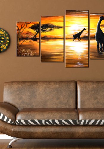 ARTGEIST - Giraffer ved vandhul i solnedgangen trykt p lrred - Flere strrelser