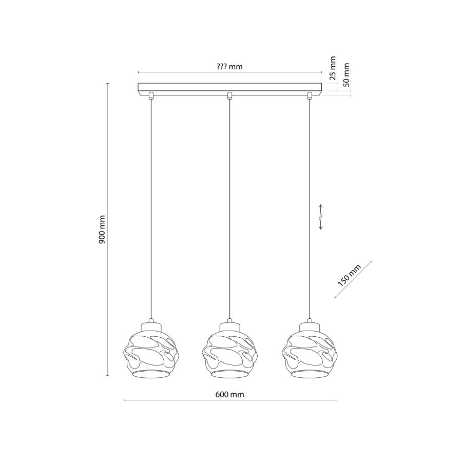TK Zulia loftlampe, m. 3 skrme - glas og sort metal