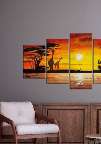 ARTGEIST Hot Safari - Dyr p den afrikanske savanne i solnedgang trykt p lrred - Flere strrelser