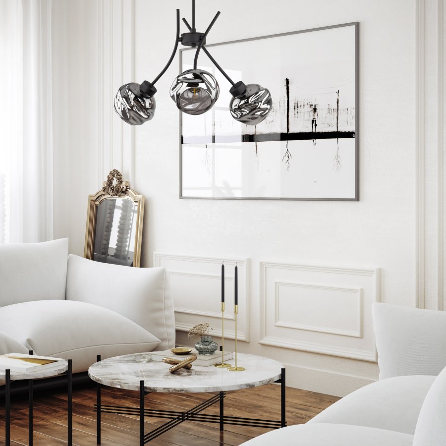 TK Zulia loftlampe, m. 3 skrme - glas og sort metal