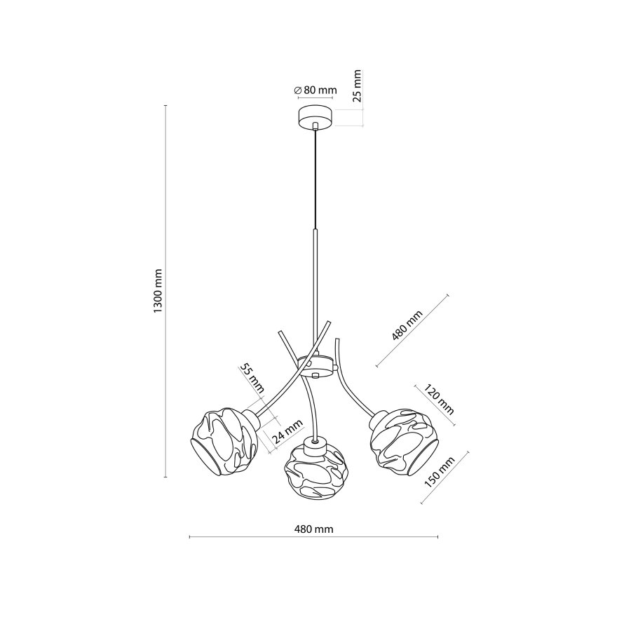 TK Zulia loftlampe, m. 3 skrme - glas og sort metal