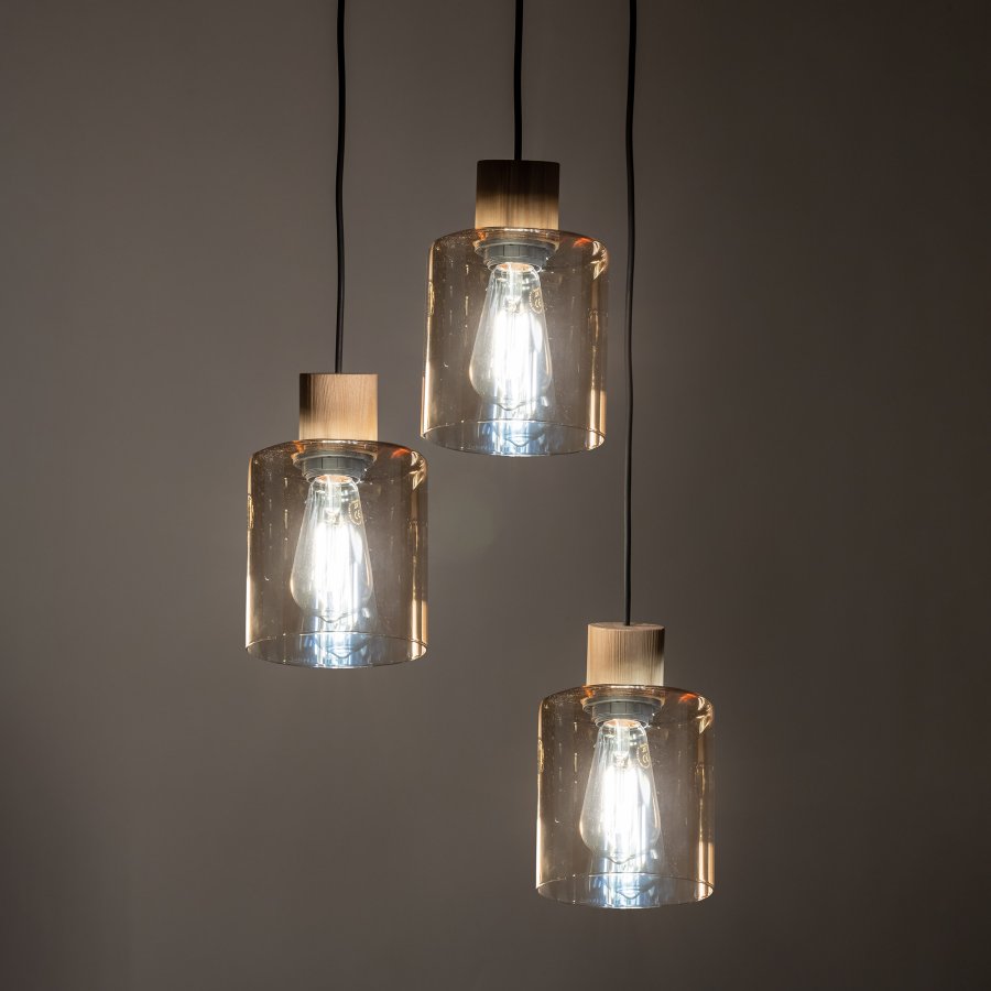 TK Orson loftlampe, m. 3 skrme - glas og tr