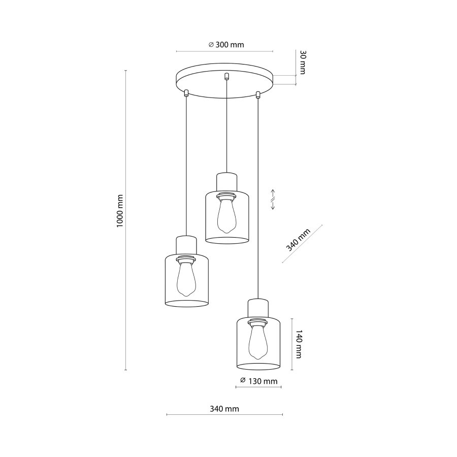 TK Orson loftlampe, m. 3 skrme - glas og tr