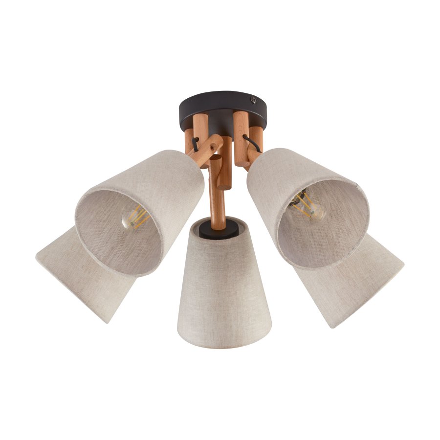 TK Vaio loftlampe, m. 5 skrme - natur hr stof, tr og metal