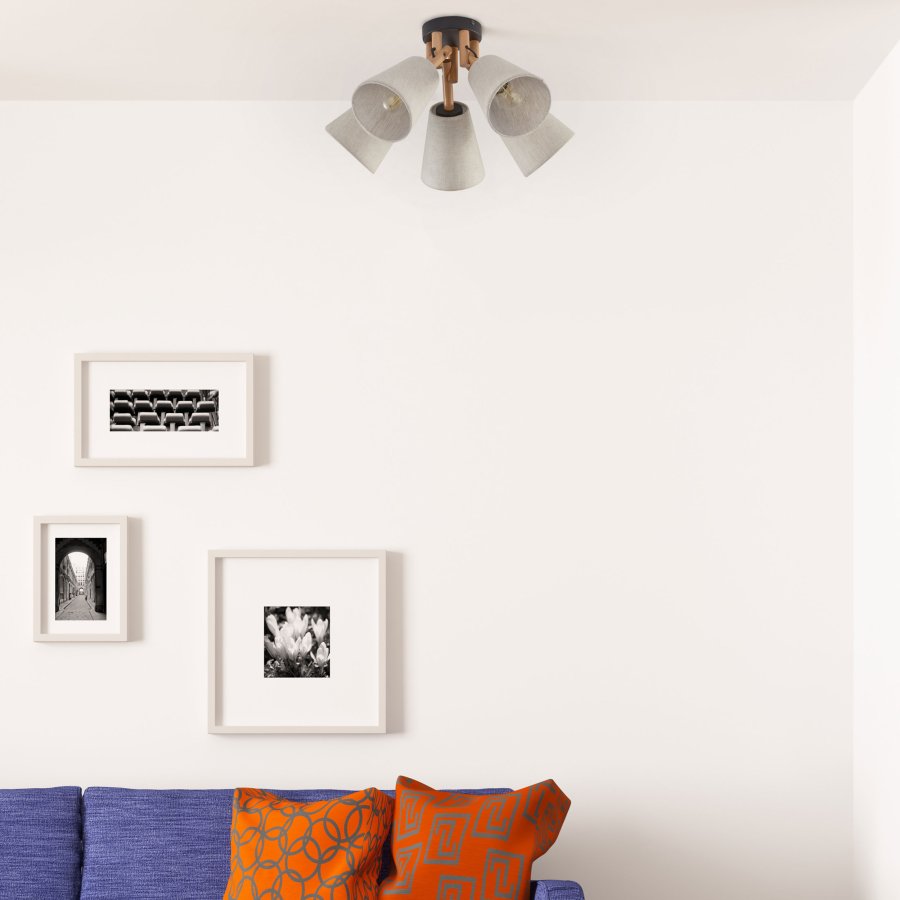 TK Vaio loftlampe, m. 5 skrme - natur hr stof, tr og metal