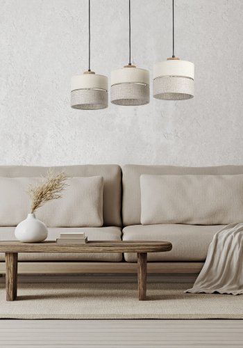 TK Eco loftlampe, med 3 skrme - natur stof og natur fyrretr