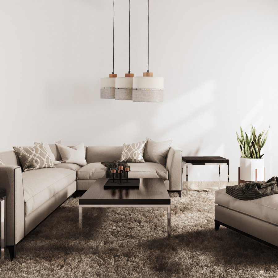 TK Eco loftlampe, med 3 skrme - natur stof og natur fyrretr