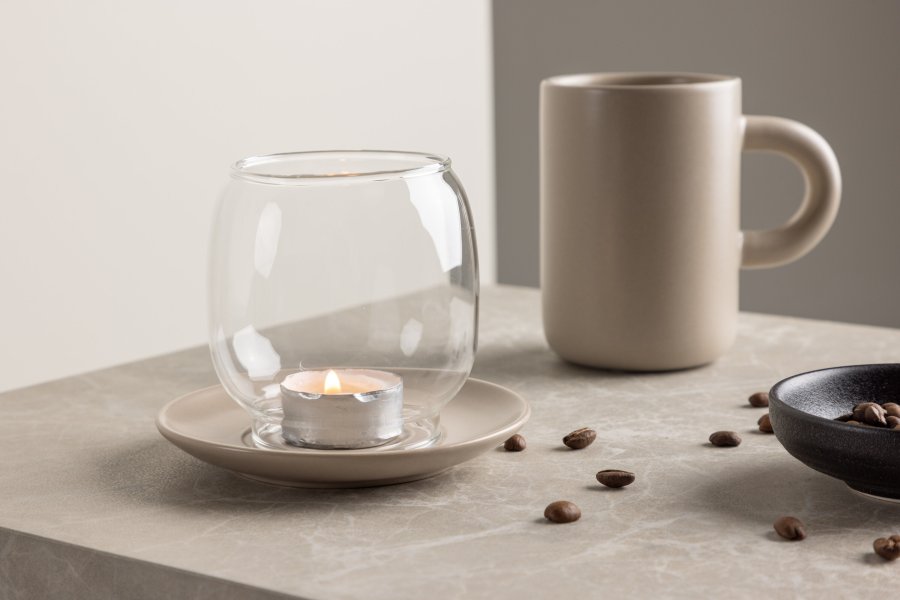 VENTURE DESIGN Archy lysestage, rund - klar glas og beige stentj (12xH9,5)