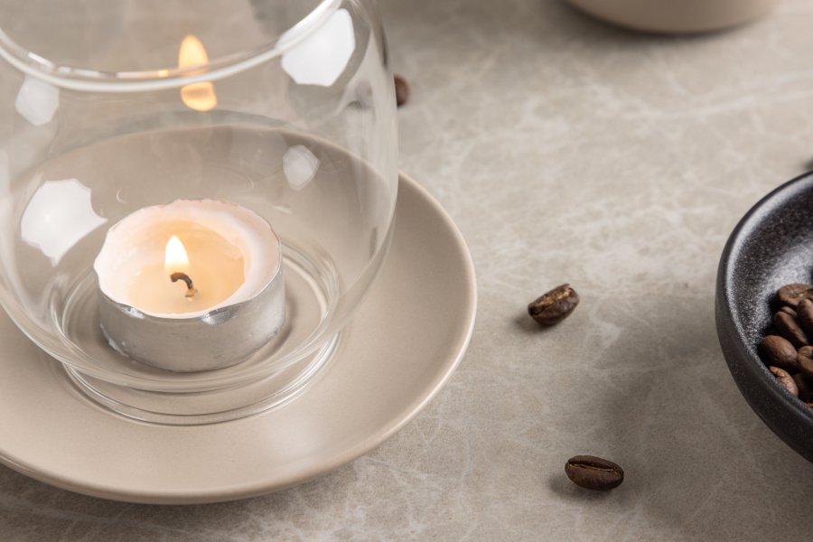 VENTURE DESIGN Archy lysestage, rund - klar glas og beige stentj (12xH9,5)