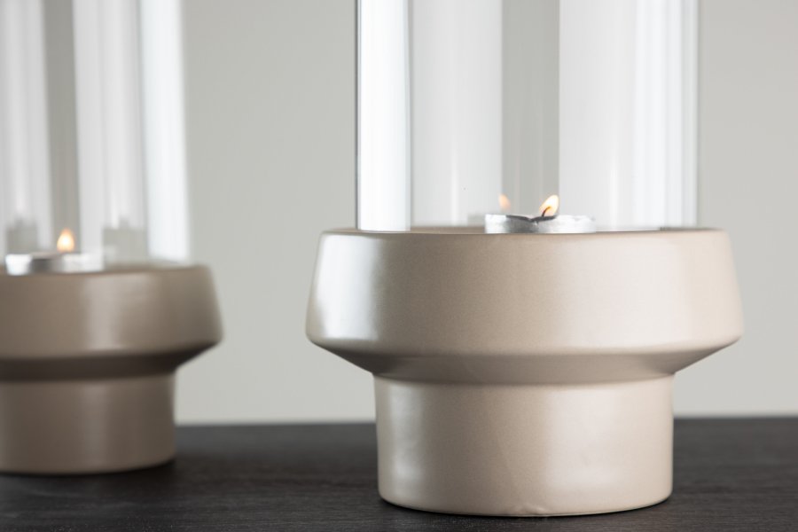 VENTURE DESIGN Davida lysestage, rund - klar glas og beige stentj (15xH29)