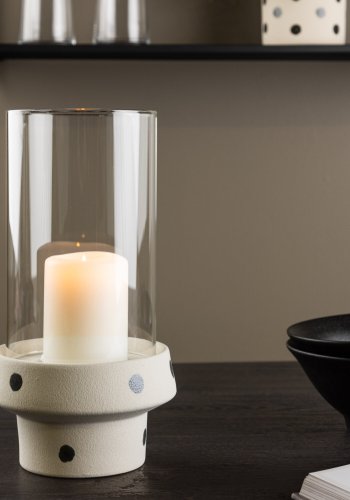 VENTURE DESIGN Davida lysestage, rund - klar glas og hvid/sorte prikker stentj (15xH29)