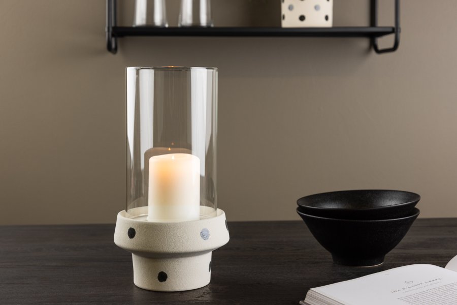 VENTURE DESIGN Davida lysestage, rund - klar glas og hvid/sorte prikker stentj (15xH29)