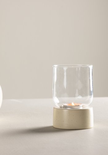 VENTURE DESIGN Vica lysestage, rund - glas og beige/sorte prikker stentj (D8xH12xB8)