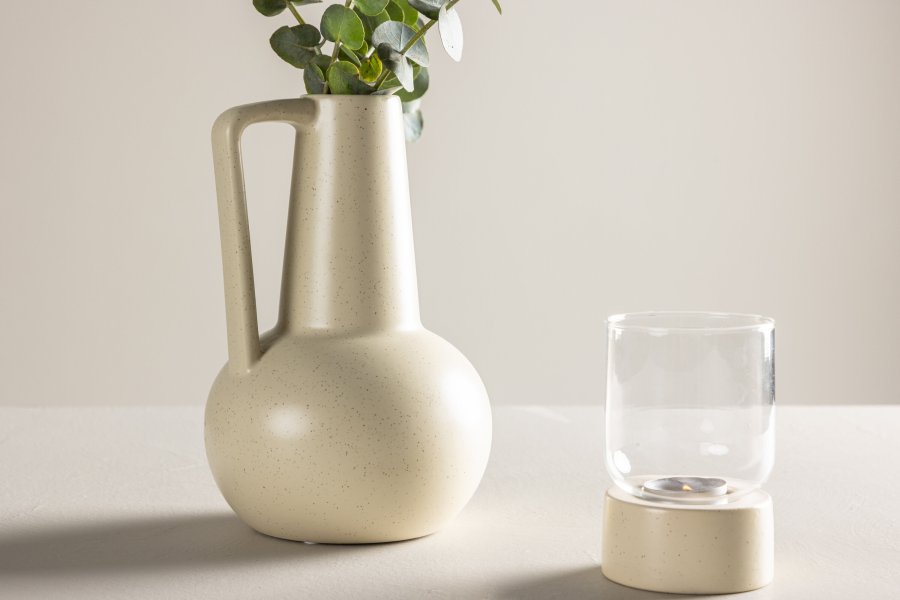 VENTURE DESIGN Lane vase, m. hank - beige/sorte prikker stentj (15x15x22)