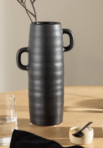 VENTURE DESIGN Cent vase, m. 2 hanke - mat sort stentj (15x15x25,5)
