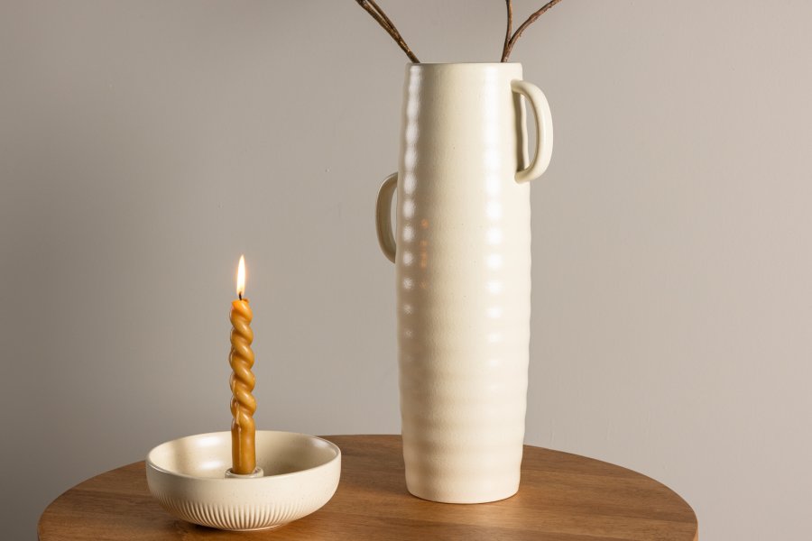 VENTURE DESIGN Cent vase, m. 2 hanke - beige/sorte prikker stentj (19x13x41)