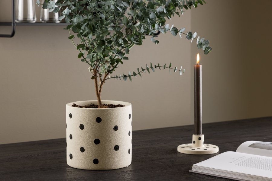 VENTURE DESIGN Sane potte, rund - hvid/sorte prikker stentj (18x18x17)