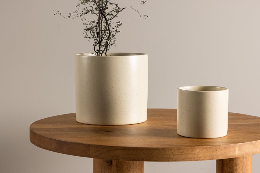 VENTURE DESIGN Sane potte, rund - beige/sorte prikker stentj (18x18x17)