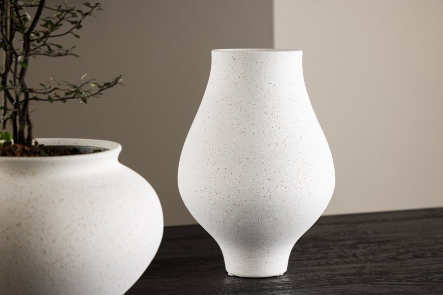 VENTURE DESIGN Rellis vase, rund - hvid/sorte prikker keramik (D10xH24xB14)